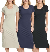 Real Essentials 3 Pack: Women's Ribbed Jersey Crew Neck Short Sleeve Midi Length Dress with Side Slit