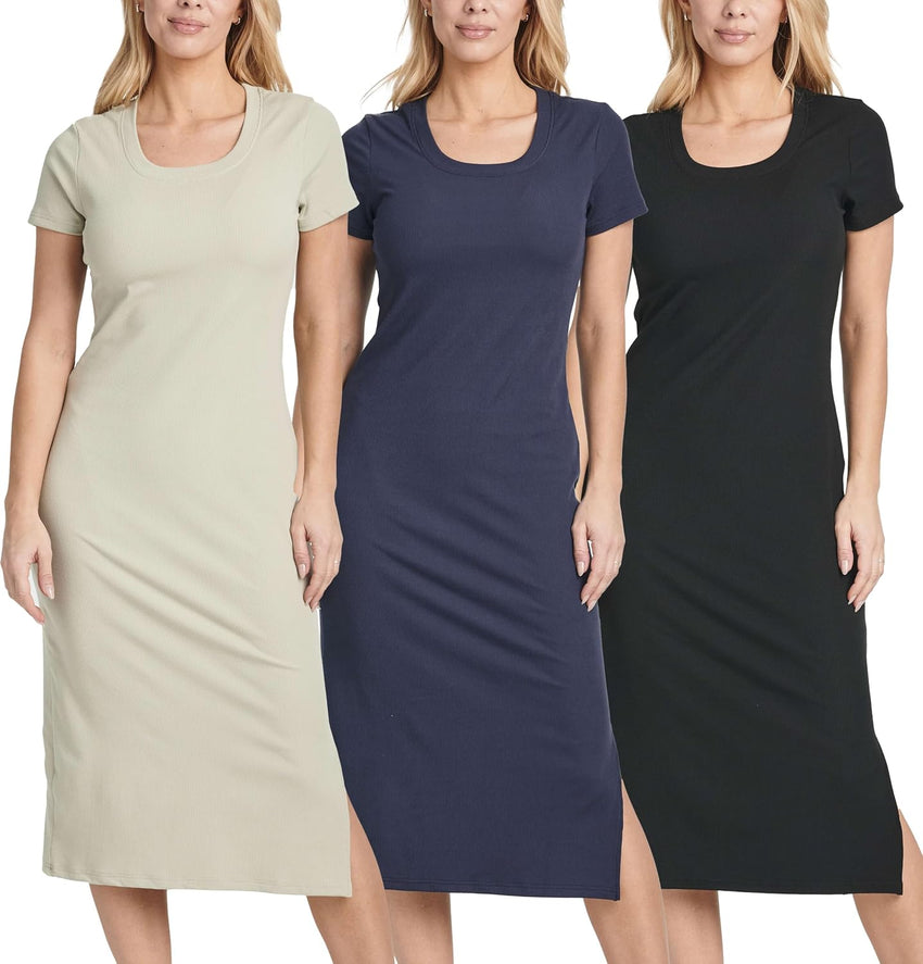 Real Essentials 3 Pack: Women's Ribbed Jersey Crew Neck Short Sleeve Midi Length Dress with Side Slit