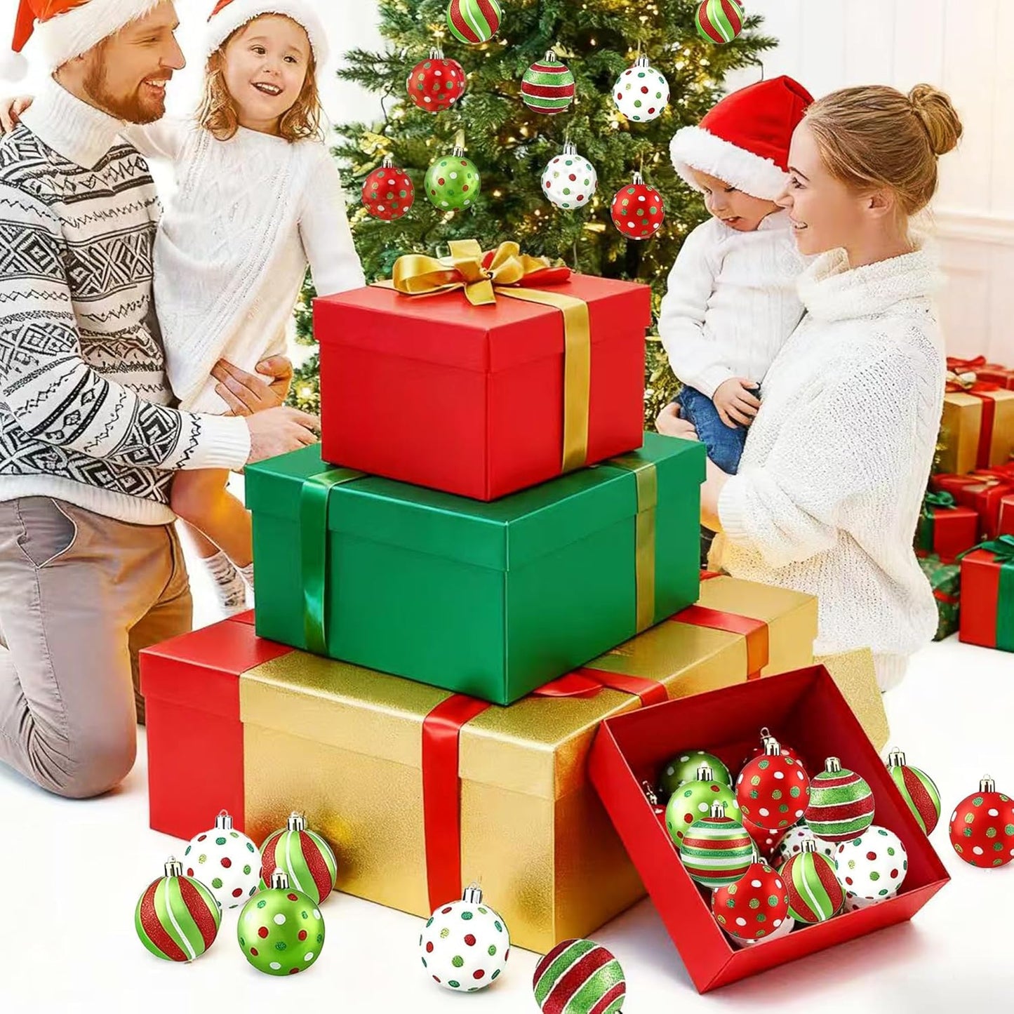 24PCS Christmas Ornaments 2.4"– Dazzling Shatterproof Xmas Tree Balls, Abundant Red/Green/White Pre-Tied Christmas Balls Hanging Ornaments for Holiday Parties, Large Trees Home Decor & Offices
