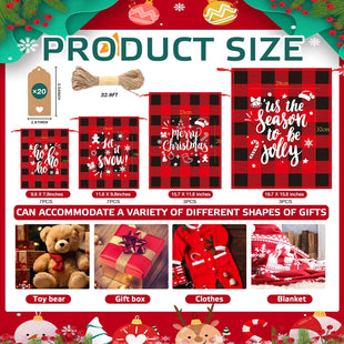 Wesnoy 20 Pack Christmas Drawstring Gift Bags with Tags, Xmas Gift Bags Assorted Sizes Bulk, Large Medium Small Holiday Gift Bag for Party Favors Present Wrapping (Red and Black)
