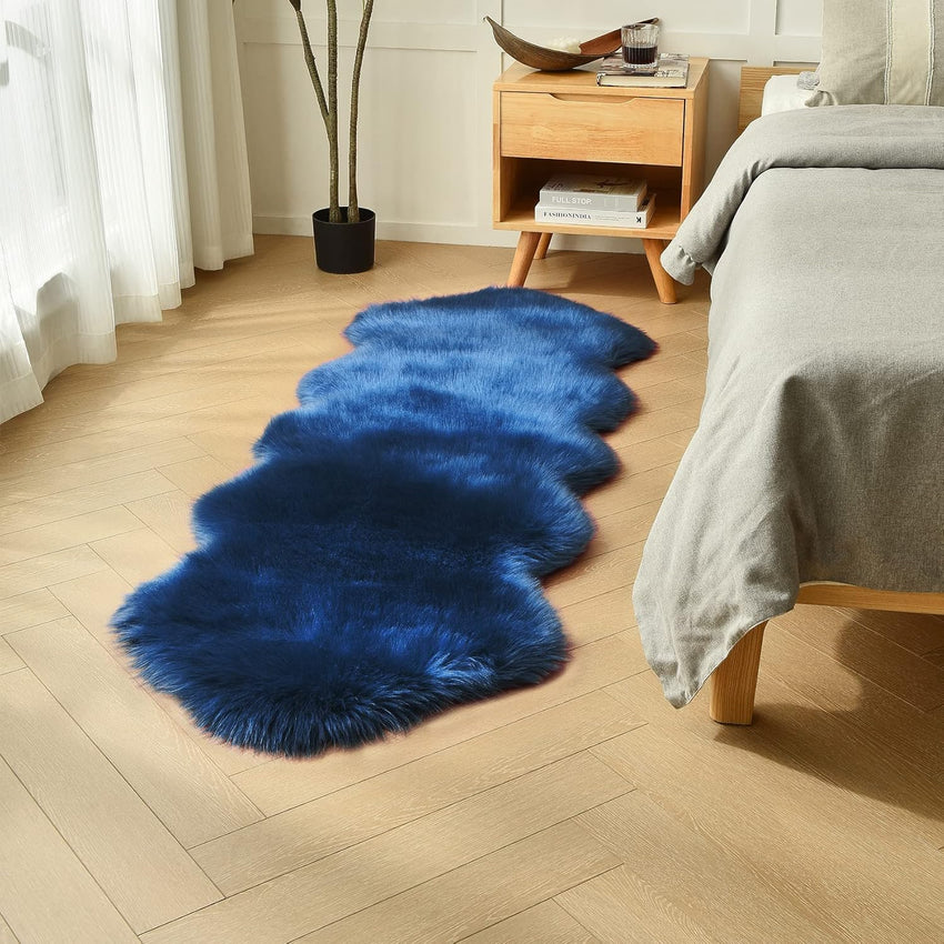 duduta Navy Blue Faux Sheepskin Throw Rug 2x3 ft, Fluffy Shag Fur Chair Cover Small Bedside Dorm Rug Non Slip Machine Washable