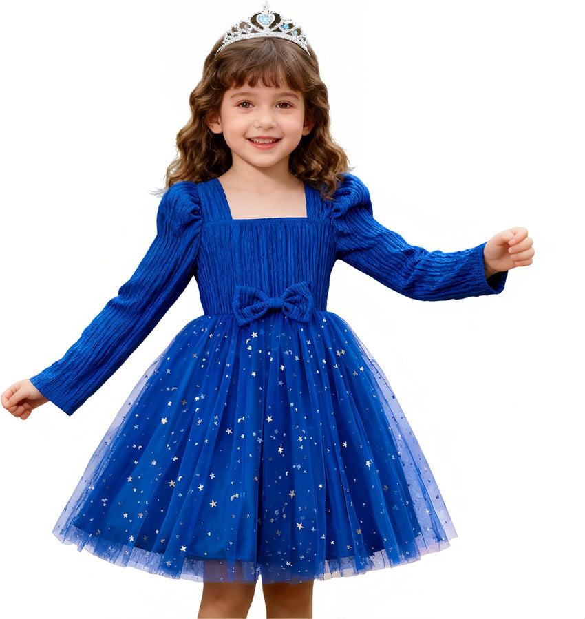 HNXDYY Little Girls Long Sleeve Star Print Knee Length Casual Princess Dress