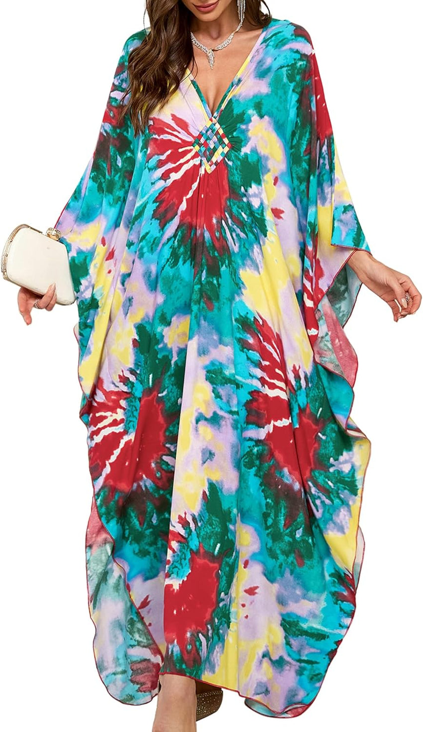 Women Kaftan Dresses Plus Size V-Neck Batwing Sleeves Beach Cover Up 2025 Summer Floral Print Caftan Dress