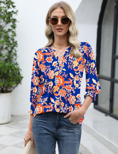 LOMON Blouses for Women Dressy Casual 3/4 Sleeve Tops for Women V Neck T Shirt Ladies Tops and Blouses Orange Blue Print L