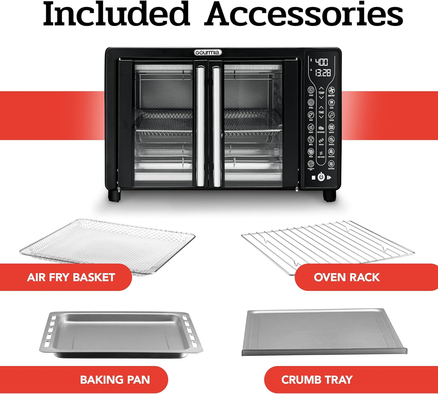 Gourmia Toaster Oven Air Fryer Combo 17 cooking presets 1700W french door digital air fryer oven 24L capacity accessories, convection rack, baking pan tray recipe book GTF7460,Large,Black