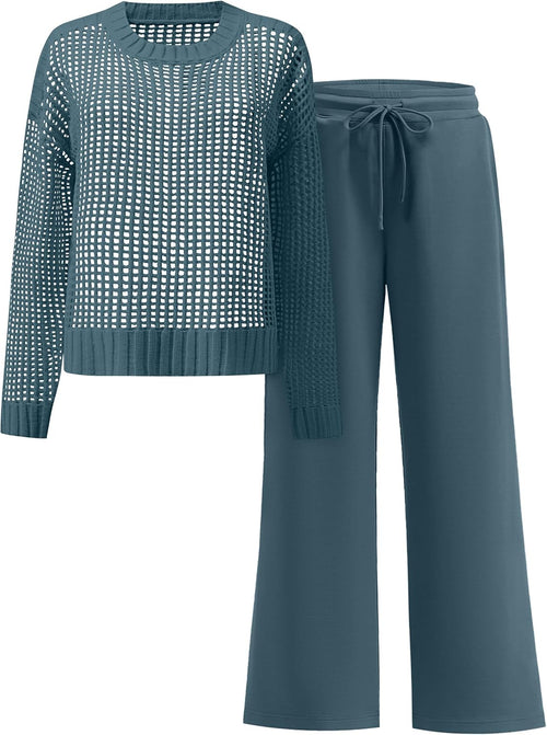 ANRABESS Womens 2 Piece Outfits Crochet Sheer Knit Sweater Top Wide Leg Pants Lounge Sets Sweatsuit 2025 Fall Travel Clothes