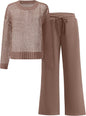 ANRABESS Womens 2 Piece Outfits Crochet Sheer Knit Sweater Top Wide Leg Pants Lounge Sets Sweatsuit 2025 Fall Travel Clothes