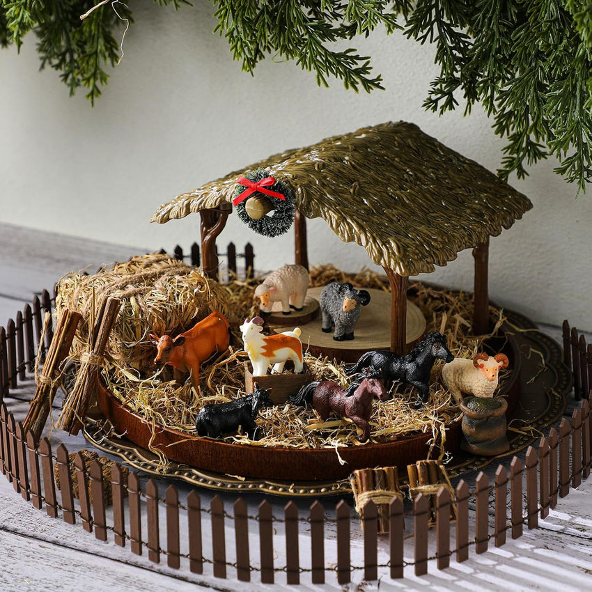 Thyle 20 Pcs Christmas Nativity Scene Manger Shed Kits Miniature Stable for Christmas Nativity Table Top Decor Including Thatched Roof, Fence, Farm Animals, Hay Bales & Tools Firewood Pile Cow