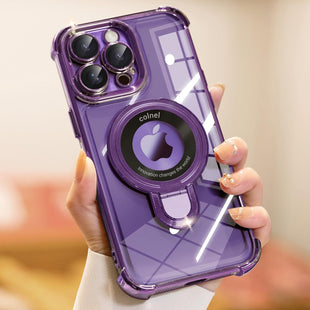 iPhone 15 Pro Max Case with Integrated Lens Protection, [Foldable Stand & Ring Holder] [Compatible with Magsafe], Glossy Shockproof Bumper Stylish Women Case for iPhone 15 Pro Max, Purple