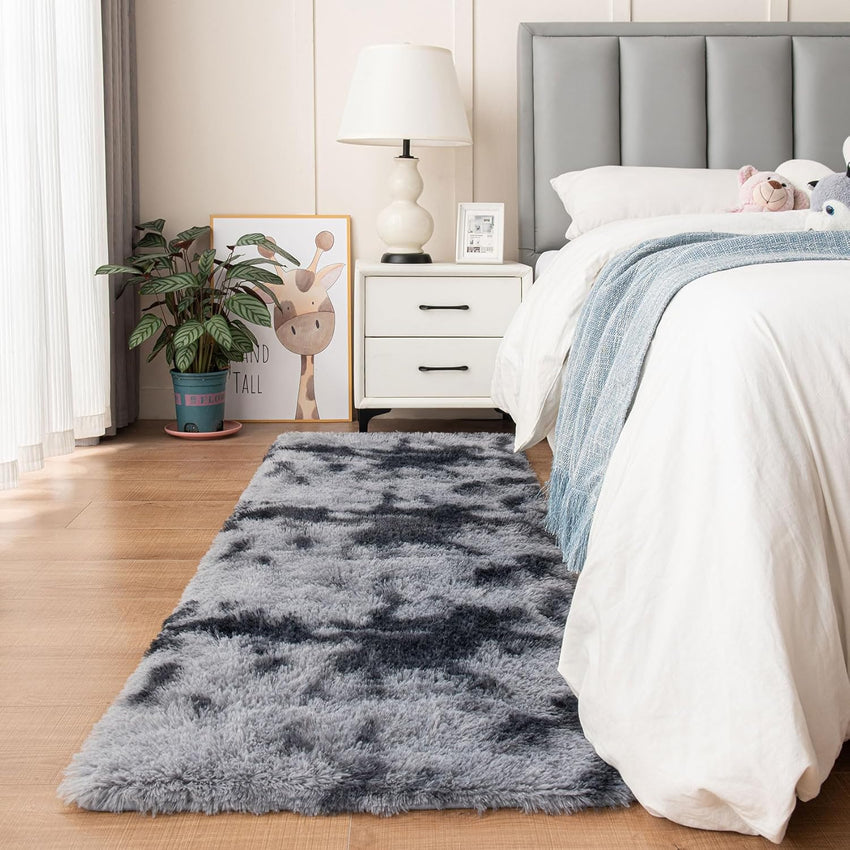 duduta Navy Blue Fluffy Plush Runner Rugs 2x6 ft Tie Dye Rectangle Shag Rug for Bedroom Dorm Living Room Kids Room, Machine Washable Anti-Slip
