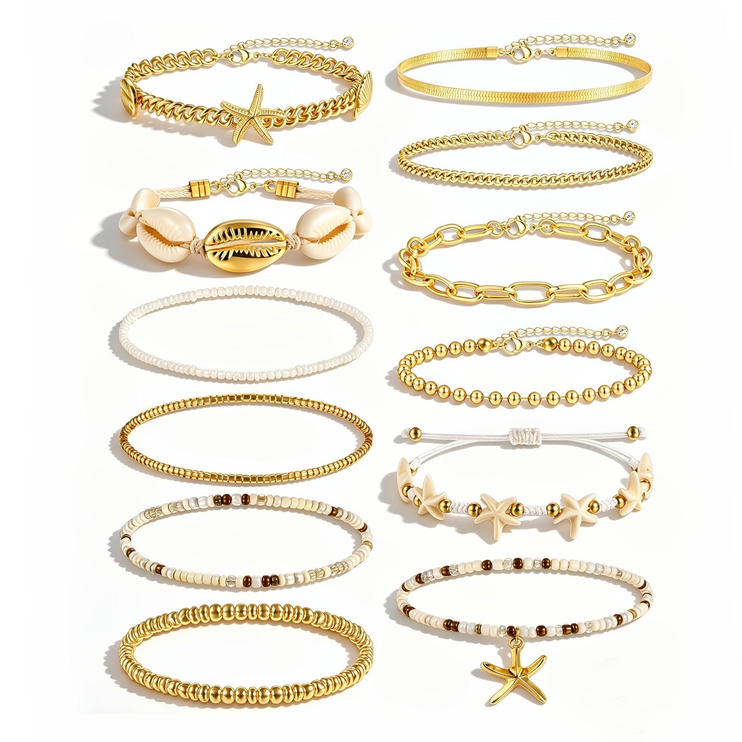 FAXHION Boho Gold Beaded Bracelets for Women, Starfish & Shell Pendant Bracelet Stack, Gold Bracelet Set Summer Beach Jewelry Gifts