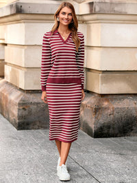 Glamaker Womens 2 Piece Skirt Sets Striped Sweater Dress Casual Polo Neck Knit Long Sleeve Midi Dresses Fall Fashion Outfits