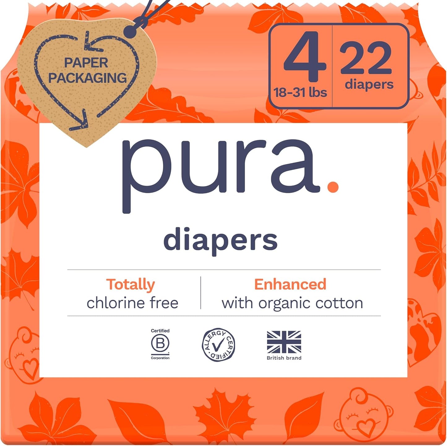 Pura Size 6 Eco-Friendly Diapers (29+ lbs) Hypoallergenic, Soft Organic Cotton, Sustainable, up to 12 Hours Leak Protection, Allergy UK, Recyclable Paper Packaging, 18 Count (Pack of 3) (54 Diapers)
