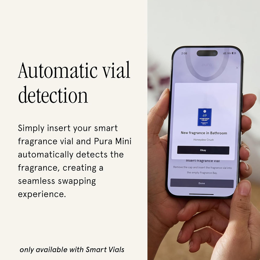 Pura Mini Smart Fragrance Diffuser for Small Spaces Adjustable Smart Home Device with LED Light & Automatic Vial Detection - Includes 1 Scent Refill; White Tea no.1