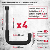 SEDY 6-Piece Heavy Duty Garage Storage Hooks, Wall Mount J Utility Hooks Holds 88 LB, Large Metal Utility, Garage Storage Ladders for Bikes, Garden Tools