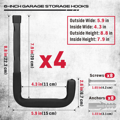 SEDY 6-Piece Heavy Duty Garage Storage Hooks, Wall Mount J Utility Hooks Holds 88 LB, Large Metal Utility, Garage Storage Ladders for Bikes, Garden Tools