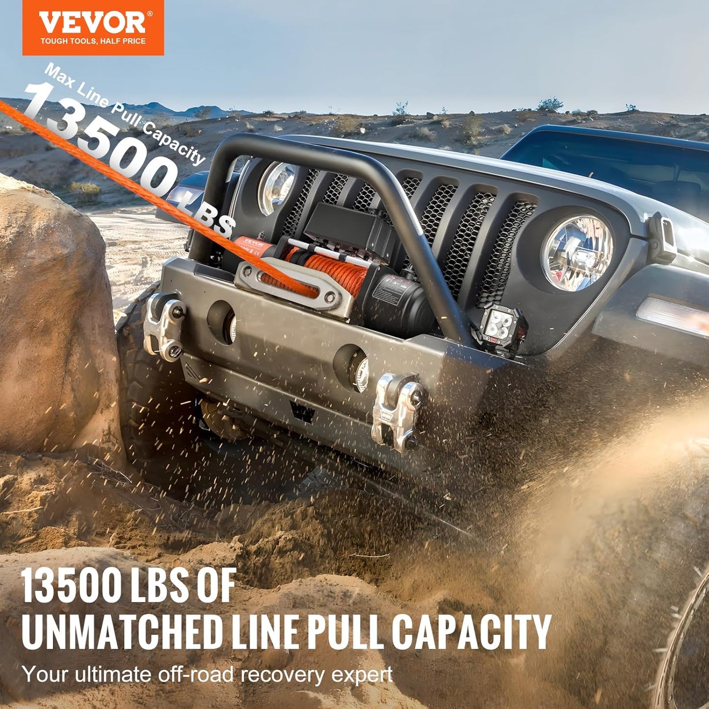 VEVOR 13,500 lb Electric, Truck Winch 12V DC 3/8 in x 80 ft Synthetic Rope Aluminum Fairlead Wireless & Wired Remote Control, 13500 lbs, IP55 Waterproof Towing for Off Road Jeep SUV Boat