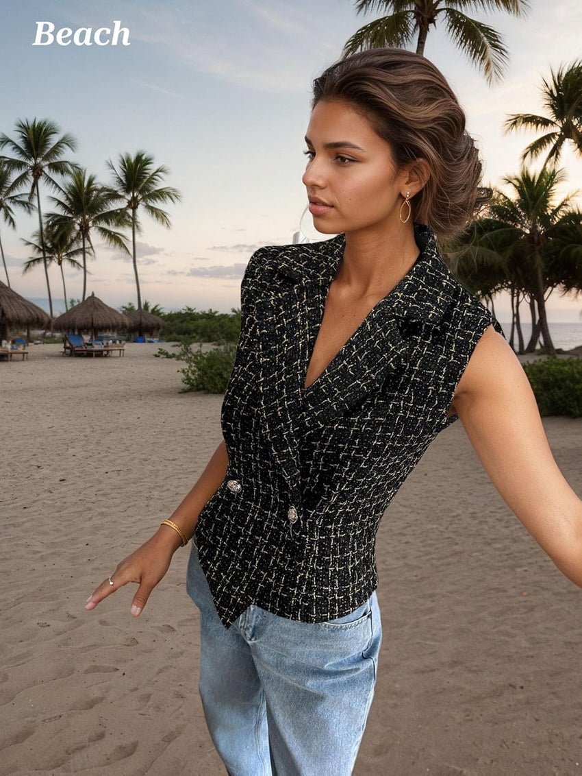 Mina Self 2025 Womens Summer Tweed Plaid Vest Tops Sleeveless Lightweight Crop Double Breasted Work Jacket