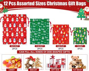 12PCS Christmas Gift Bags Assorted Sizes Bulk, Holiday Gift Bags with Tags, Large Medium Small Xmas Gifts Bag, Fabric Christmas Wrapping Bags Drawstring Gifts Bag for Xmas Presents Party Favors Sack