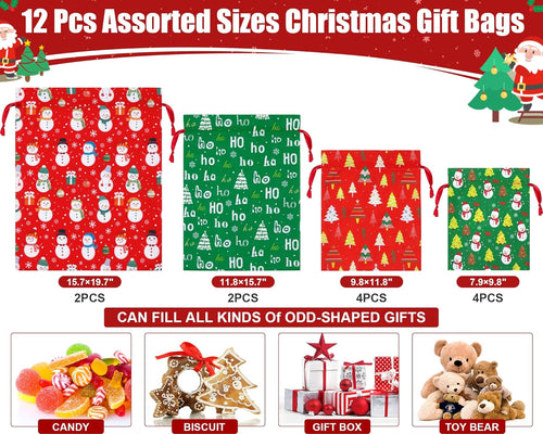 12PCS Christmas Gift Bags Assorted Sizes Bulk, Holiday Gift Bags with Tags, Large Medium Small Xmas Gifts Bag, Fabric Christmas Wrapping Bags Drawstring Gifts Bag for Xmas Presents Party Favors Sack