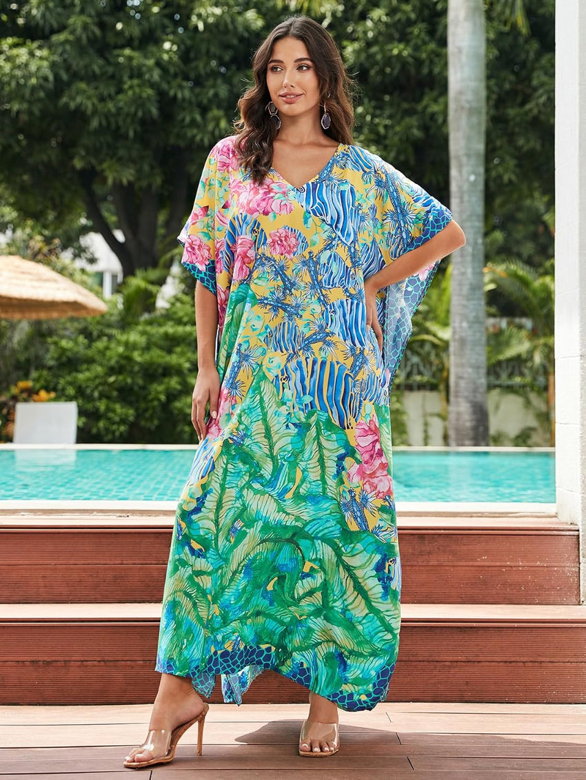 Women's Plus Size Loose Fit Moroccan Print V-Neck Batwing Kaftan Beach Dress Bathing Suit Cover Up