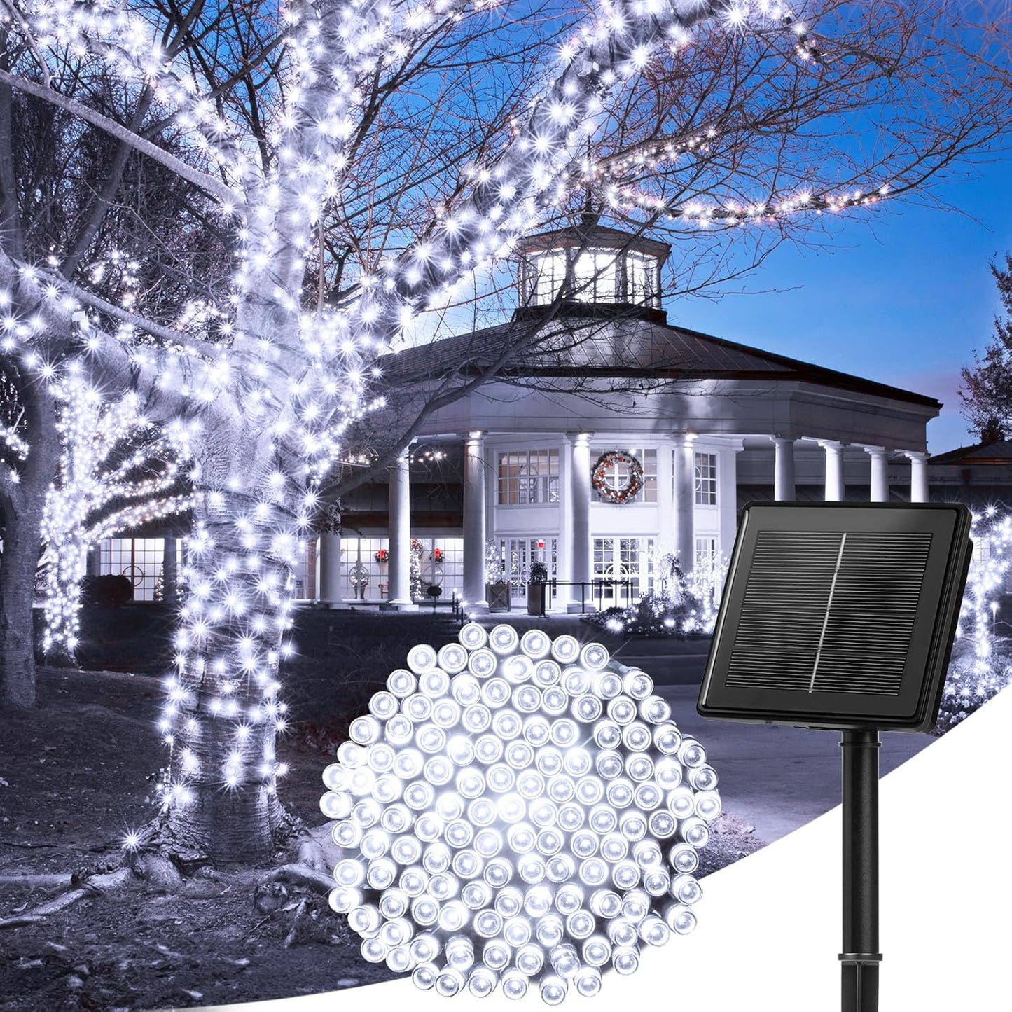 Minetom Solar String Lights Outdoor Waterproof- 40 FT 100 LED Solar Powered String Lights with 8 Lighting Modes, IP65 Waterproof Solar Christmas Lights for Outdoor Outside Tree Party Decor, Warm White