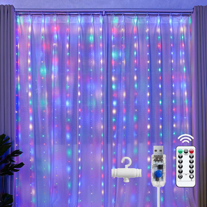 Brightown 300 LED Fairy Curtain Lights, 9.8ft x 9.8ft Warm White Curtain String Lights, USB Plug in 8 Lighting Modes Christmas Decoration, Hanging Lights with Remote for Bedroom Indoor Weddings Dorm