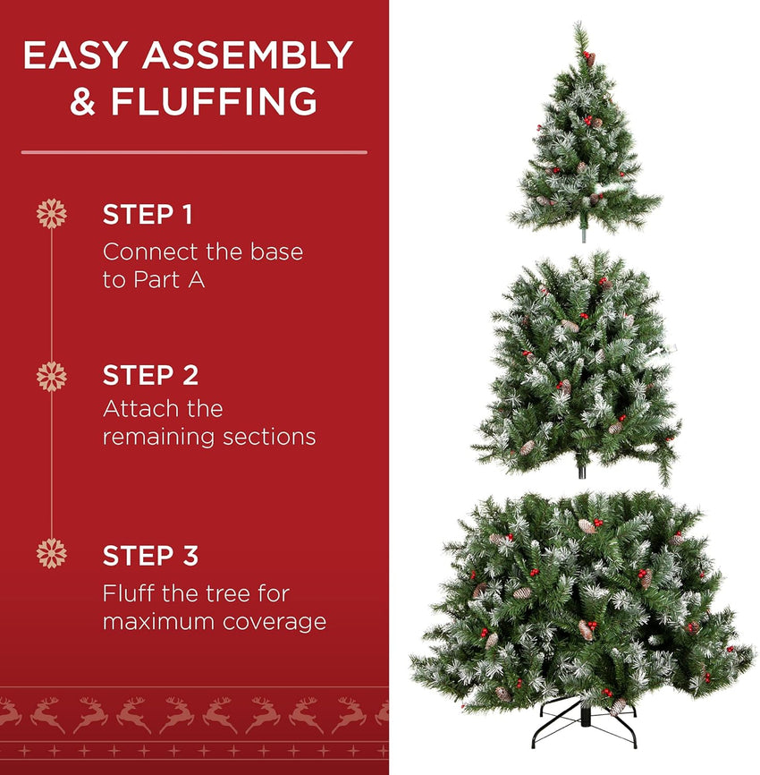 Best Choice Products Christmas Tree Pre-Lit, Pre-Decorated Artificial 6ft Frosted Pine Holiday Decoration w/Frosted Tips, Pine Cones, Berries