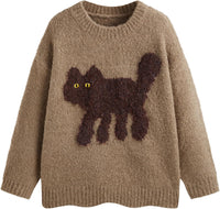 CIDER Women’s Cat Sweater Long Sleeve Crew Neck Fun Graphic Cute Patterned Pullover Sweater Tops
