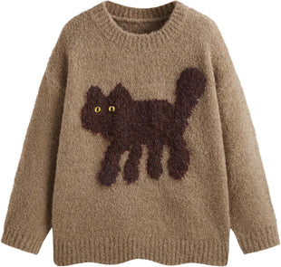 CIDER Women’s Cat Sweater Long Sleeve Crew Neck Fun Graphic Cute Patterned Pullover Sweater Tops