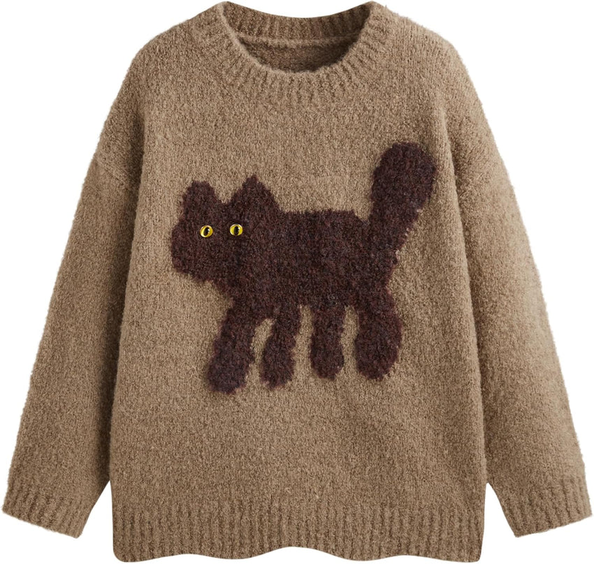 CIDER Women’s Cat Sweater Long Sleeve Crew Neck Fun Graphic Cute Patterned Pullover Sweater Tops