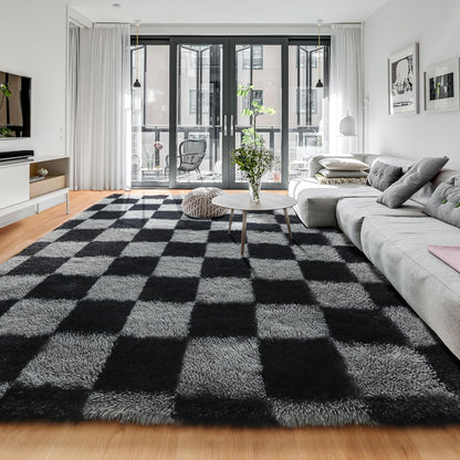 KICMOR Navy Blue and Cream White Rugs for Living Room, 4x6 Fluffy Fuzzy Shag Checkered Rug Shaggy Carpet for Bedroom, Soft Plush Area Rug for Nursery Toddler Room Classroom Study Room Kids Room