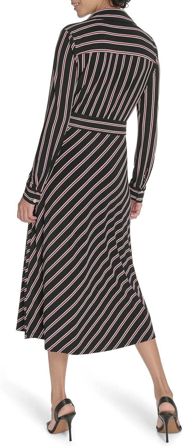 Tommy Hilfiger Women's Long Sleeve Collared Self Tie Midi Shirtdress