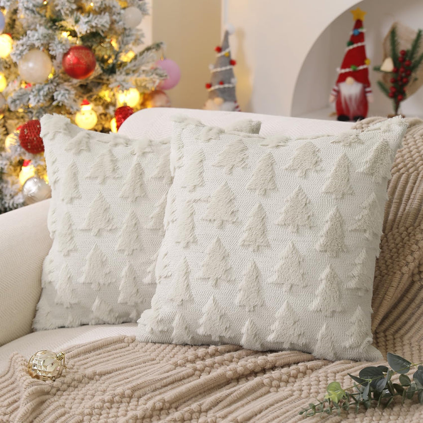 DFXSZ Christmas Tree Pillow Covers 18x18 inch Set of 2 Christmas Decoration Beige Soft Plush Faux Fur Jacquard Throw Pillows for Bedroom Sofa Holiday Festivals Winter Home Decor PTK006C18