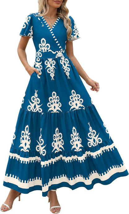 PRETTYGARDEN Womens 2025 Summer Casual V Neck Boho Maxi Dress Flowy Aline Bell Sleeve Tiered Floral Dresses with Pocket