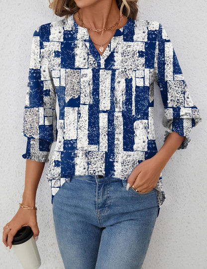 LOMON Blouses for Women Dressy Casual 3/4 Sleeve Tops for Women V Neck T Shirt Ladies Tops and Blouses Orange Blue Print L