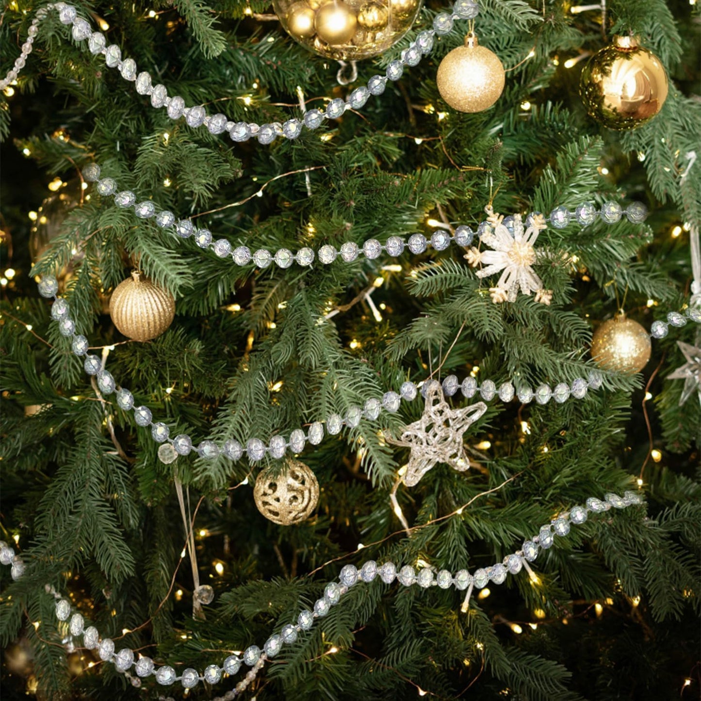 Jishi 99ft Crystal Bead Garland for Christmas Tree Decorations, Iridescent Acrylic Beaded Garland Strand Roll, Hanging Christmas Decorations Indoor Home Decor, String Diamond Beads for Crafts Curtains