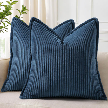decorUhome Christmas Corduroy Cream White Throw Pillow Covers 18x18 Set of 2 Decorative Soft Boho Farmhouse Euro Couch Pillow Covers for Living Room Bed Sofa Broadside Striped Pillow Cases