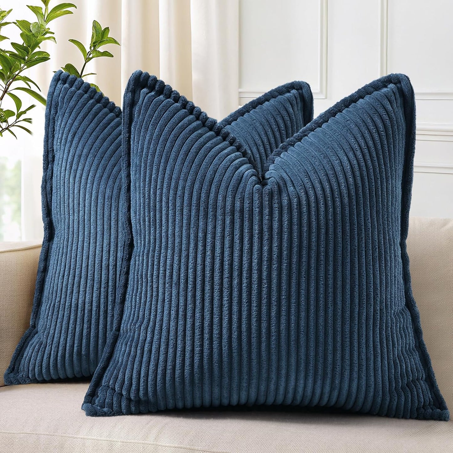 decorUhome Christmas Corduroy Cream White Throw Pillow Covers 18x18 Set of 2 Decorative Soft Boho Farmhouse Euro Couch Pillow Covers for Living Room Bed Sofa Broadside Striped Pillow Cases