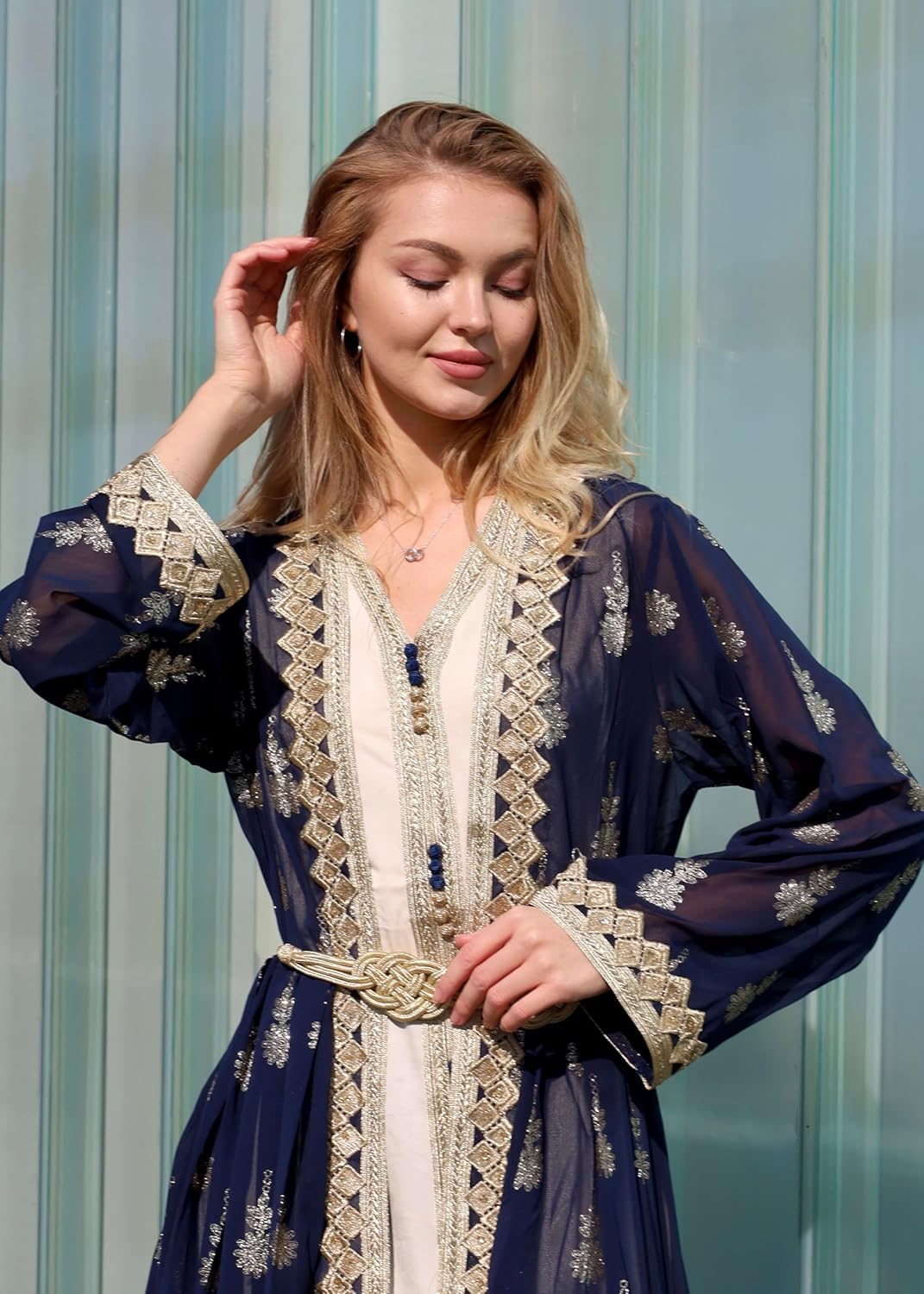 HUSN Embroidered Two-Piece Abaya Set Long Cardigan with Gold Embroidery with Plus Size Inner Slip Kaftan for Eid