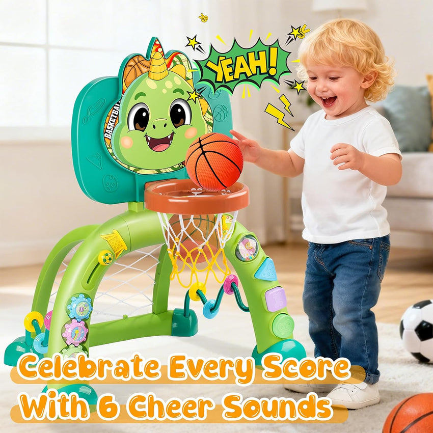 Toddler Basketball Hoop & Soccer Goal, Dinosaur Sports Play Toy Activity Center, Interactive Musical Sports Toys with Light, Christmas Birthday Gift for Boys Girls Age 1-3