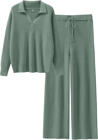 ANRABESS Women Two Piece Outfits Sweater Sets Lounge Waffle Knit Pullover Matching Wide Leg Pants Tracksuit 2025 Fall Fashion