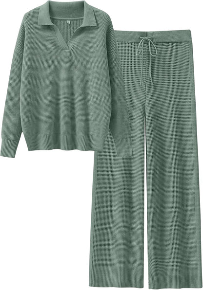 ANRABESS Women Two Piece Outfits Sweater Sets Lounge Waffle Knit Pullover Matching Wide Leg Pants Tracksuit 2025 Fall Fashion
