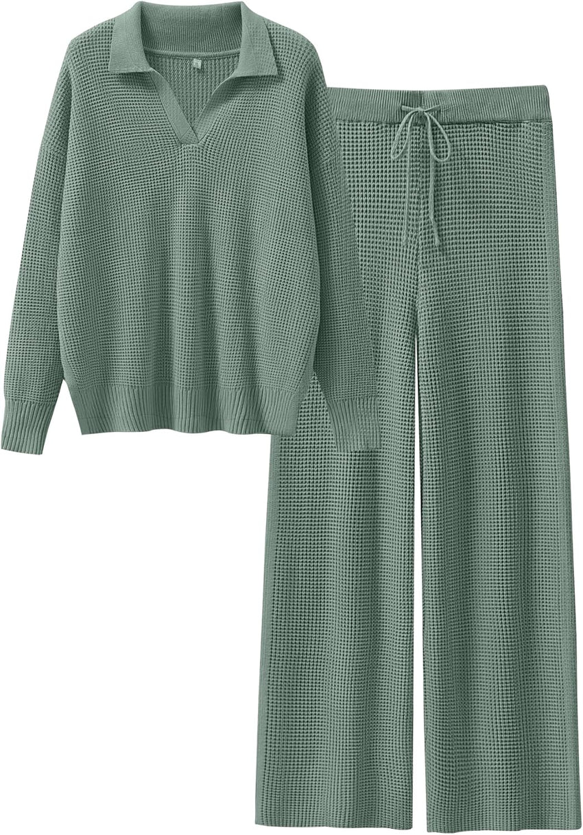 ANRABESS Women Two Piece Outfits Sweater Sets Lounge Waffle Knit Pullover Matching Wide Leg Pants Tracksuit 2025 Fall Fashion