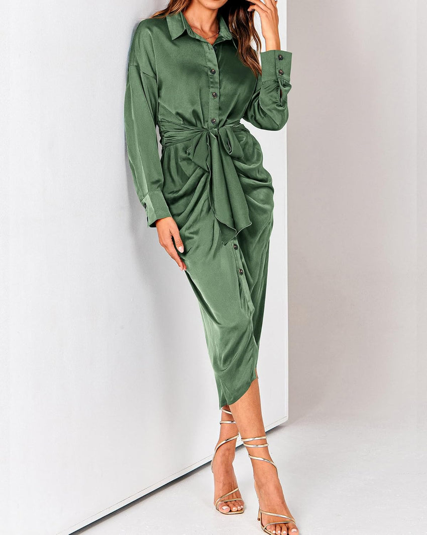 BTFBM Summer Dresses for Women 2025 Long Sleeve Lapel V Neck Button Down Elegant Belted Ruched Satin Shirt Fall Dress