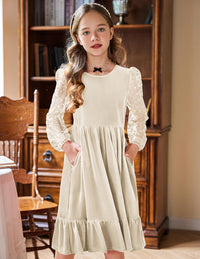 Arshiner Girls Dresses Contrast Mesh Velvet Long Sleeve A-Line Vintage Party Dress with Pockets