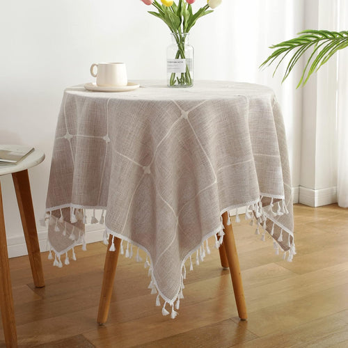 Square Lattice Small Tablecloth Cotton Linen Light Brown Dust-Proof Washable Boho Embroidery Table Cover Rustic Table Cloth for Coffee Party Kitchen Dining Tabletop Decoration 36 x 36 Inch