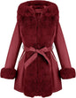RISISSIDA Luxurious Women Winter Fur Lined Coat, Leather Jacket with Hooded Long Fur Collar, Thick Warm Heavy Overcoat Belted