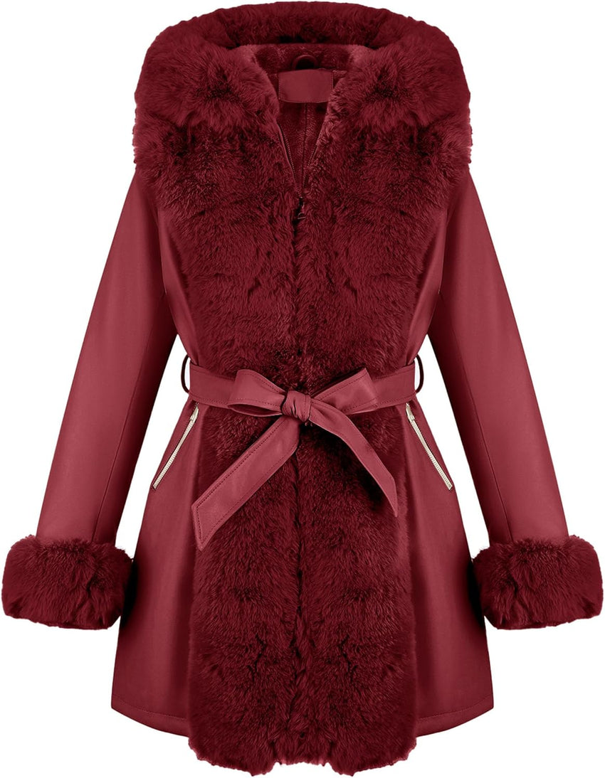 RISISSIDA Luxurious Women Winter Fur Lined Coat, Leather Jacket with Hooded Long Fur Collar, Thick Warm Heavy Overcoat Belted