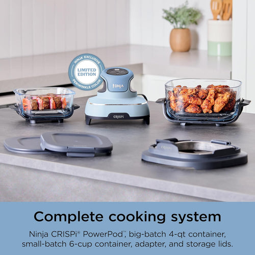 Ninja Crispi 4-in-1 Portable Glass Air Fryer Cooking System, 4QT & 6Cup Glass Containers with Storage Lids, Easy Meals, Microwave, Freezer & Dishwasher Safe, Air Fry, Bake, & More, Periwinkle, FN101PL